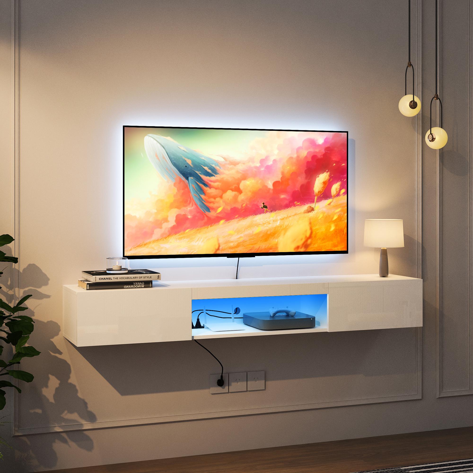 ​​Spaco Wall-Mounted Floating TV Stand – 63” Modern LED TV Console for 55/60/65” TVs, 16-Color RGB Lighting, White