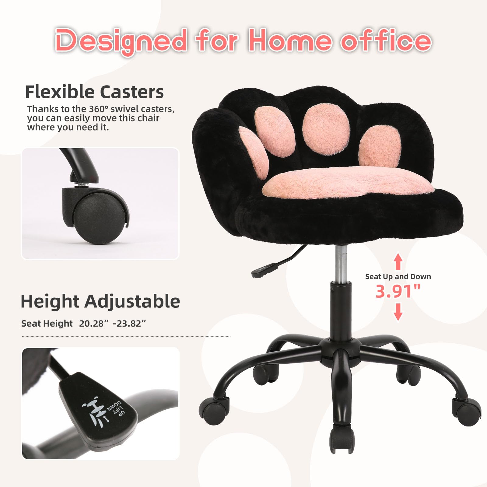 Vanity Chair with Wheels,Cute Cat Paw Office Chair with Back,360°Rotating Height Adjustable Armless Chair in Vibrant Color-Blocking,Small Desk Chair,Plush Cushion for Bedroom,Make-Up Room Home Office