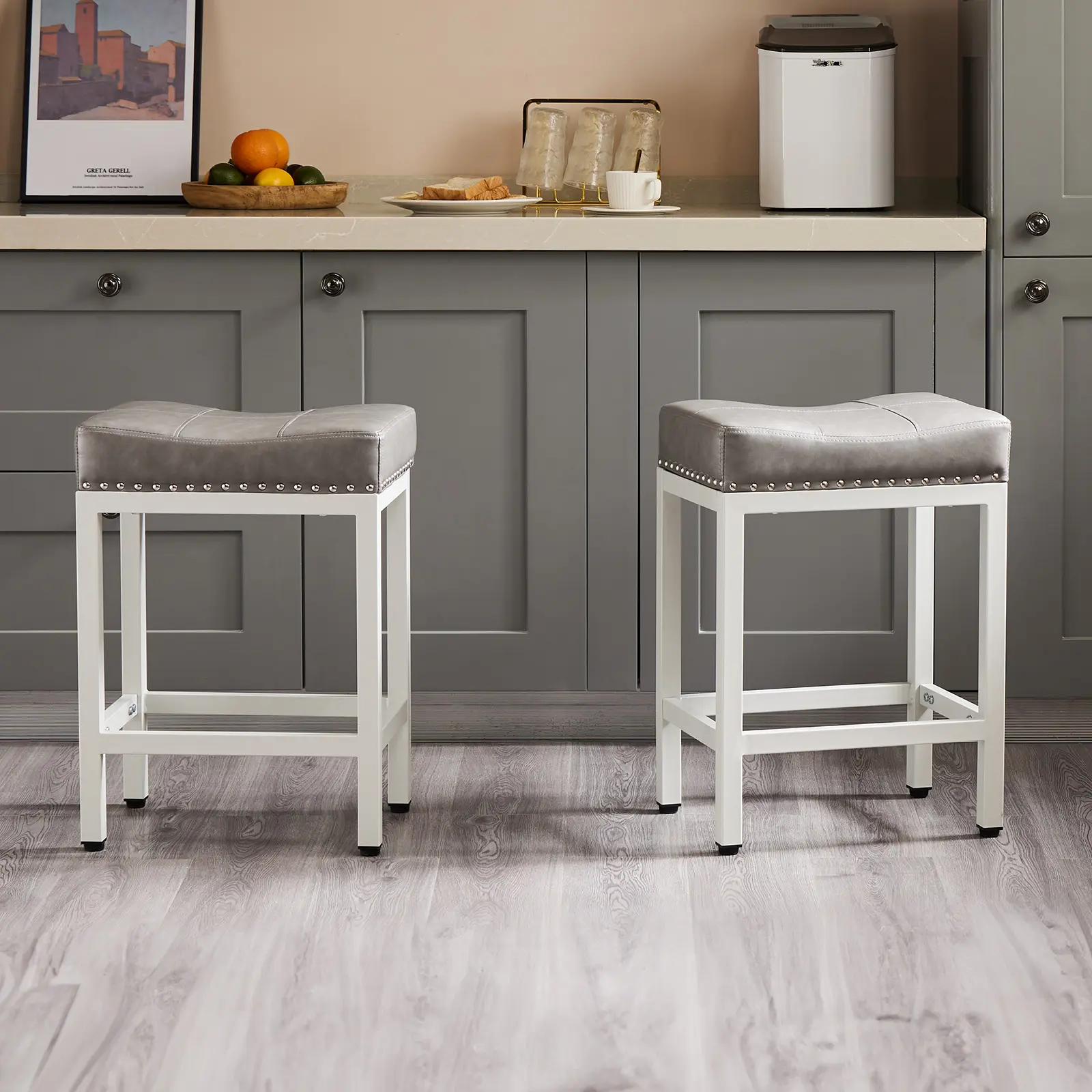【Deal】SweetFurniture Set of 2 Sturdy Furniture Barstools, 24in Counter Height Saddle Bar Chairs, Modern 2-Seat Home Bar Furniture with Steady Metal Base, PU Leather and Easy-Install Foot Pedals