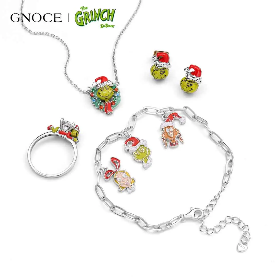 Gnoce Whimsical Unisex Christmas S925 White Moissanite Jewelry Sets - Ring, Necklace, Bracelet, Earring Set with Durable Enamel Charms for Casual Wear, Accessories Set