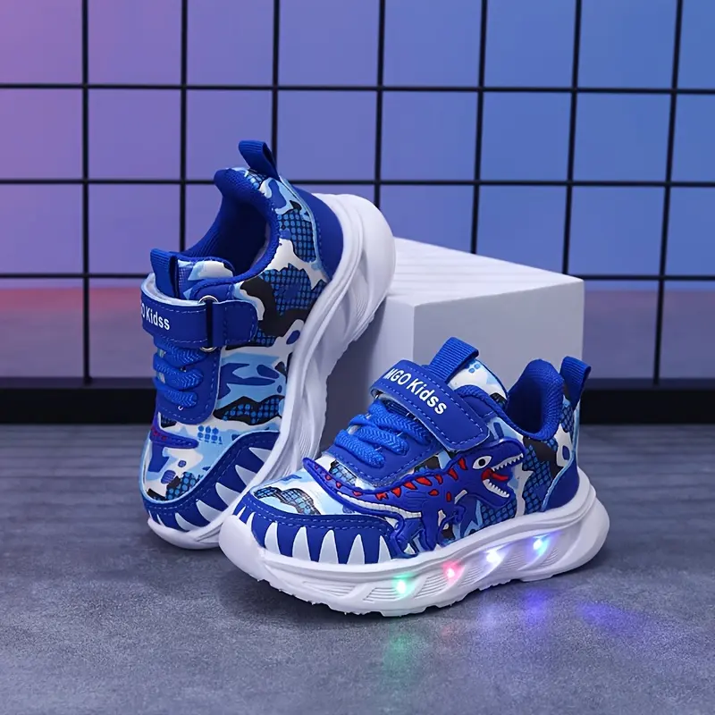 Boys' LED Dinosaur Trainers - All Season Shoes for 1-6 Years Old, Glowing T-Rex Sneakers with Flashing Camouflage & Solid Color Patterns, Velcro Closure
