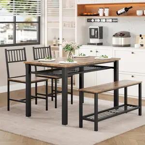 Farmhouse Kitchen Table Chairs Set for 4, 47" Modern Dining Table with Bench & Chairs, Storage Shelf, Metal Frame, Space-Saving for Dining Room Kitchen Apartment