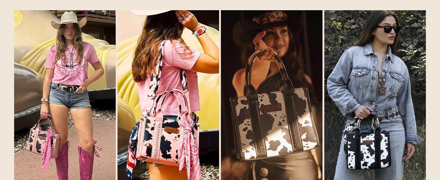 Wrangler Cow Print Tote Bag Western Purse Boho Top Handle Stachel Handbag with Guitar Strap