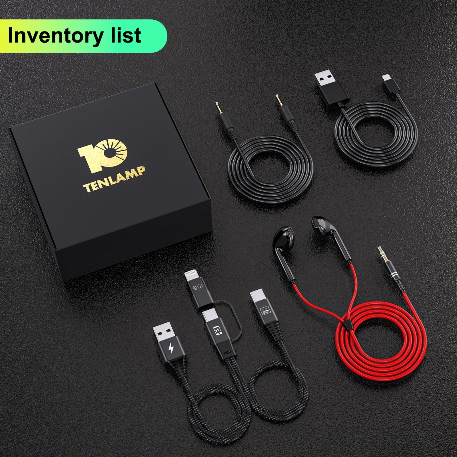 Tenlamp sound card connection cable kit, an accessory pack for the G10 sound card, including an OTG cable, charging cable, and monitoring headphones. Tenlamp sound card connection cable kit, an accessory pack for the G10 sound card, including an OTG cable, charging cable, and monitoring headphones.