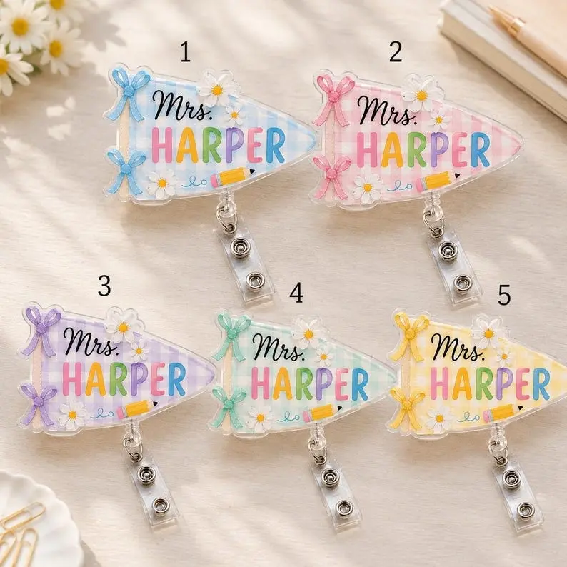 Personalized Teacher Badge Reel, Custom Name Pennant Flag ID Holder, Cute Educator Clip, Back to School Lanyard, Daycare Staff Gift