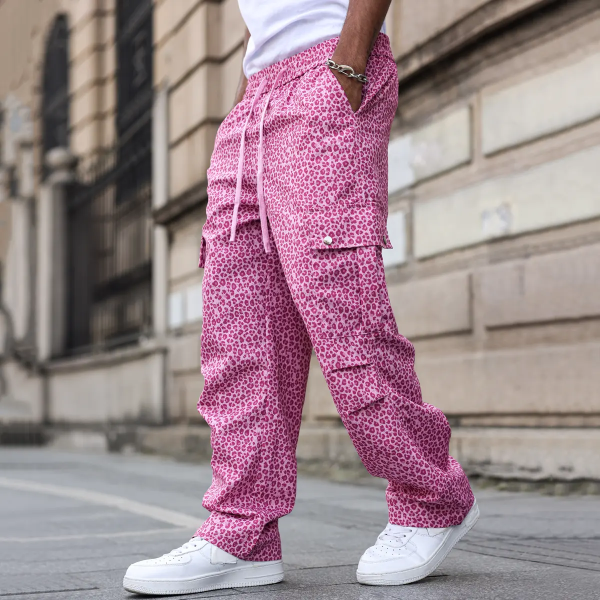 Vibrant Pink Leopard Print Cargo Pants – Retro Y2K Streetwear Statement
