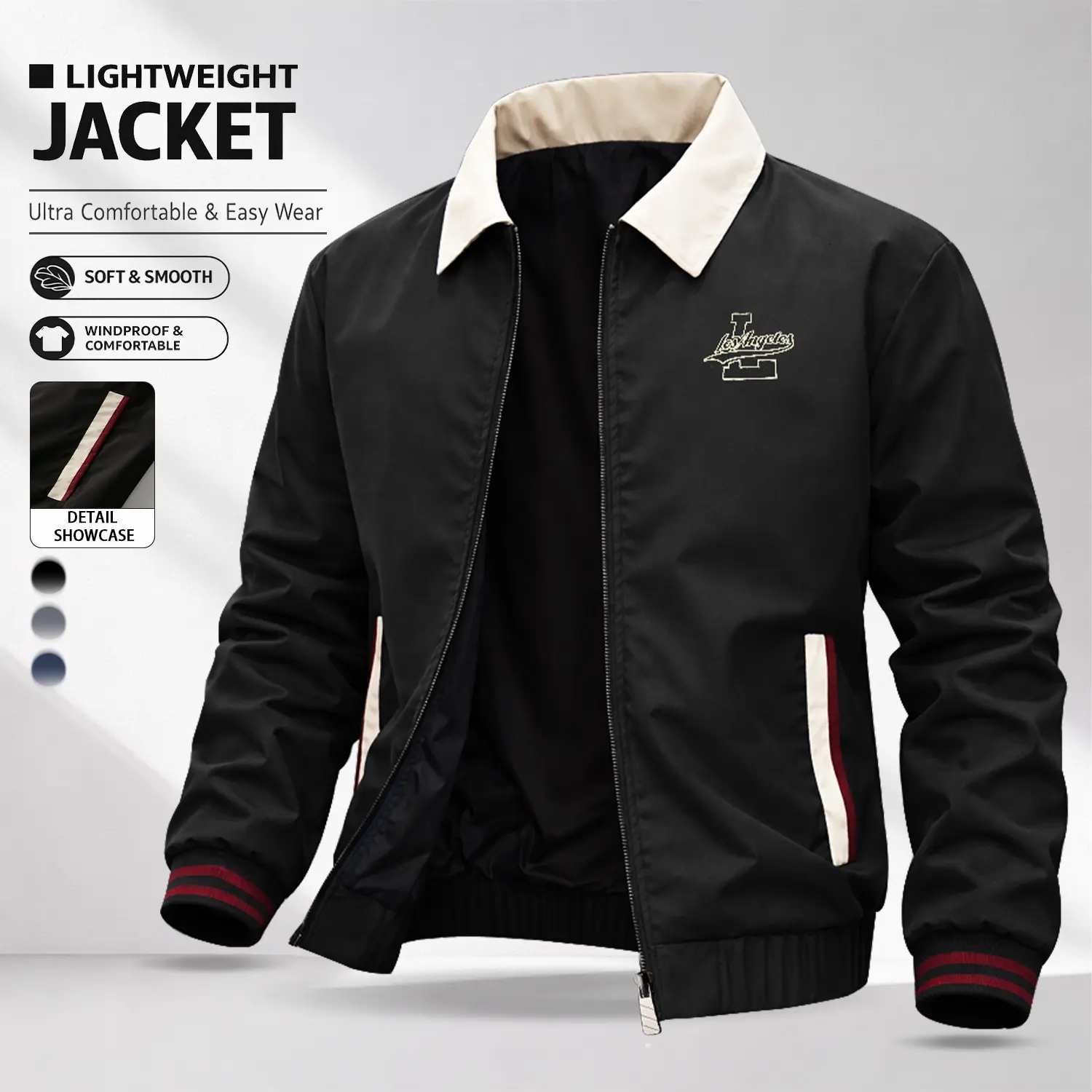 Men’s turn-down collar casual zip-up jacket, lightweight and comfortable windproof fabric, regular fit letter print zip, suitable for everyday outings, commuting, work, sports, casual wear, and campus life