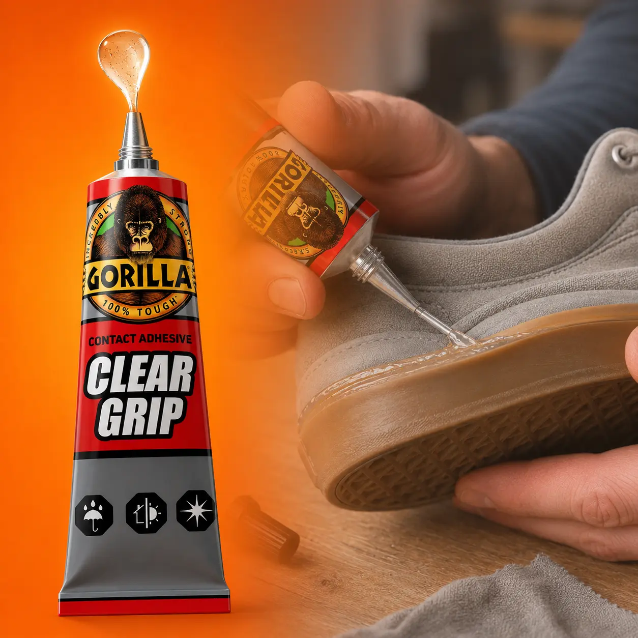 Gorilla 3 oz Clear Grip Tube, crystal clear contact adhesive, fast grab, holds in seconds, permanent bond, waterproof, no-run, flexible, paintable, photo safe, washer dryer safe, indoor outdoor, metal, glass, fabric, wood, ceramic, leather, paper, plastic