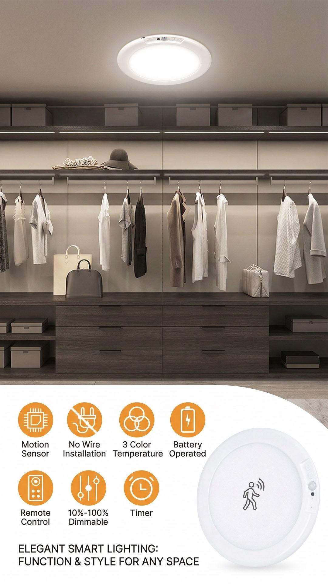Wireless Closet Lights Motion Sensor - No Wiring Rechargeable Ceiling Light Night Light Indoor, Battery Operated Led Lights for Bedroom with Remote, Living Room Bathroom Home & Kitchen Decor Lighting