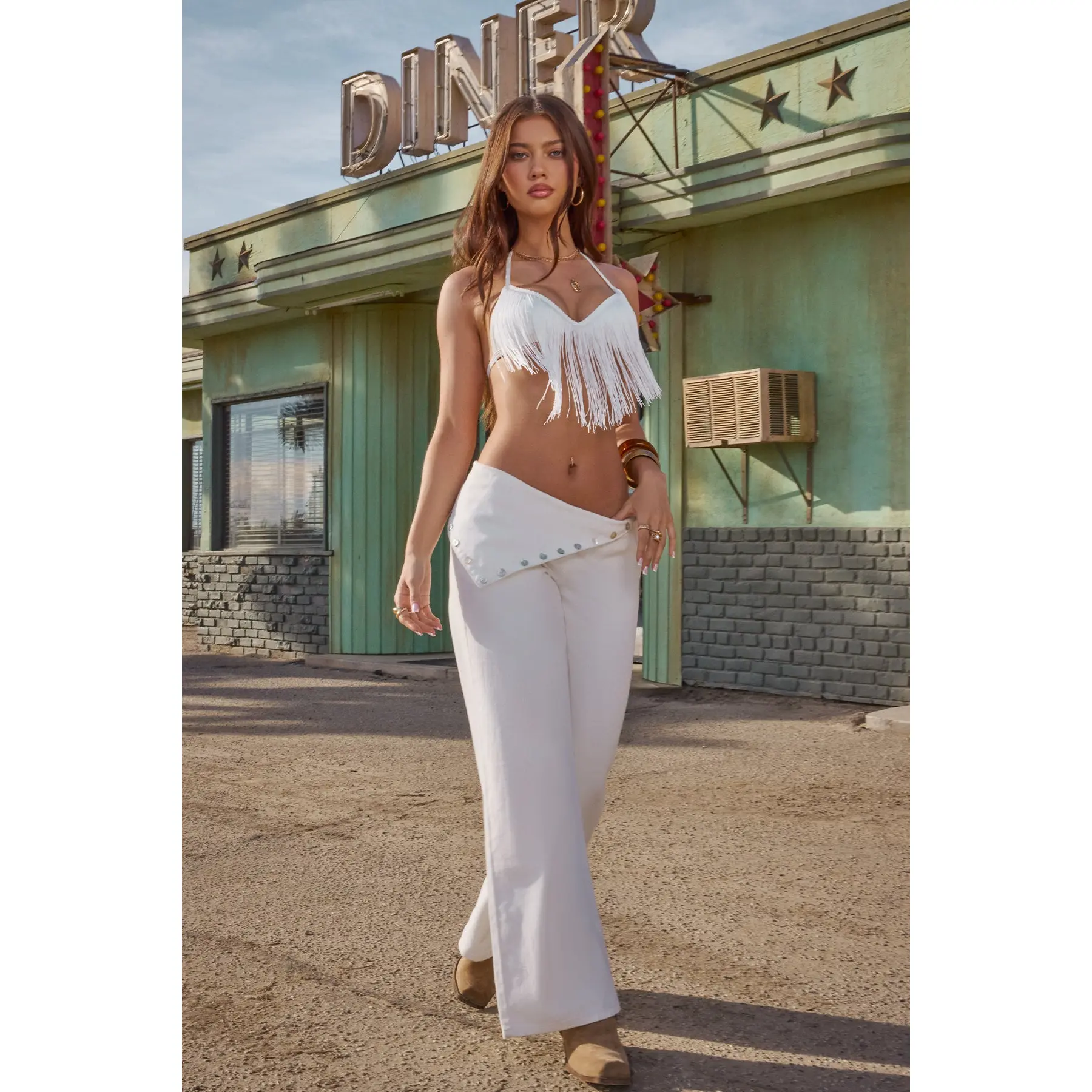 Button Foldover Low Rise Baggy Jeans