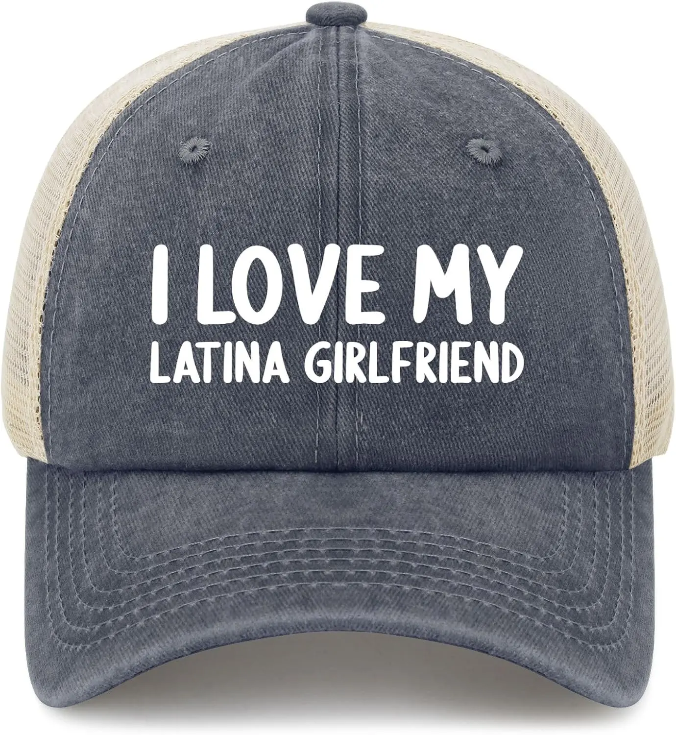 Unisex Funny Trucker Hat - Large "I Love My Latina Girlfriend" Bold Lettering, Mesh Back Baseball Cap, Casual Universal Text Print Cap, Ideal Birthday Gift for Loved Ones to Express Feelings, Large Print