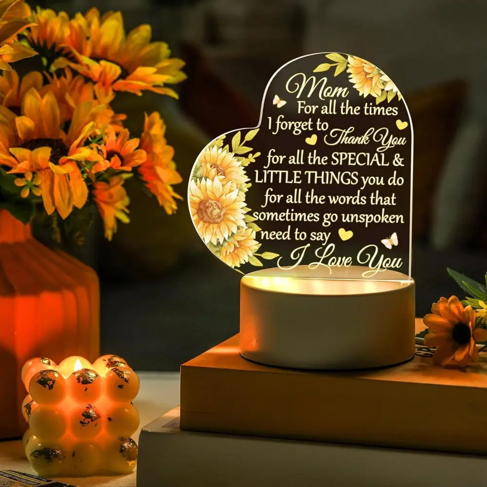 Solar Powered Acrylic Sunflower Heart Flower Lamp, LED Night Light with Warm Glow for Cozy Ambiance, Farmhouse Table Decor or Nightstand Accessory, Cute Gift for Mom for Mother's Day Halloween