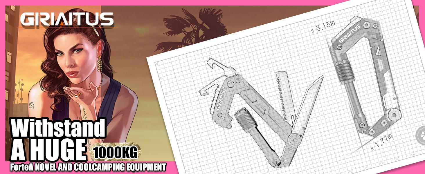 Multitool Carabiner with Pocket Knives, EDC Carabiners, Folding Serrated Knife, Can Bottle Opener, Rope Cutter, Screwdriver, Keychain Knife for Camping Hiking, Gifts for Women/Men (Pink)