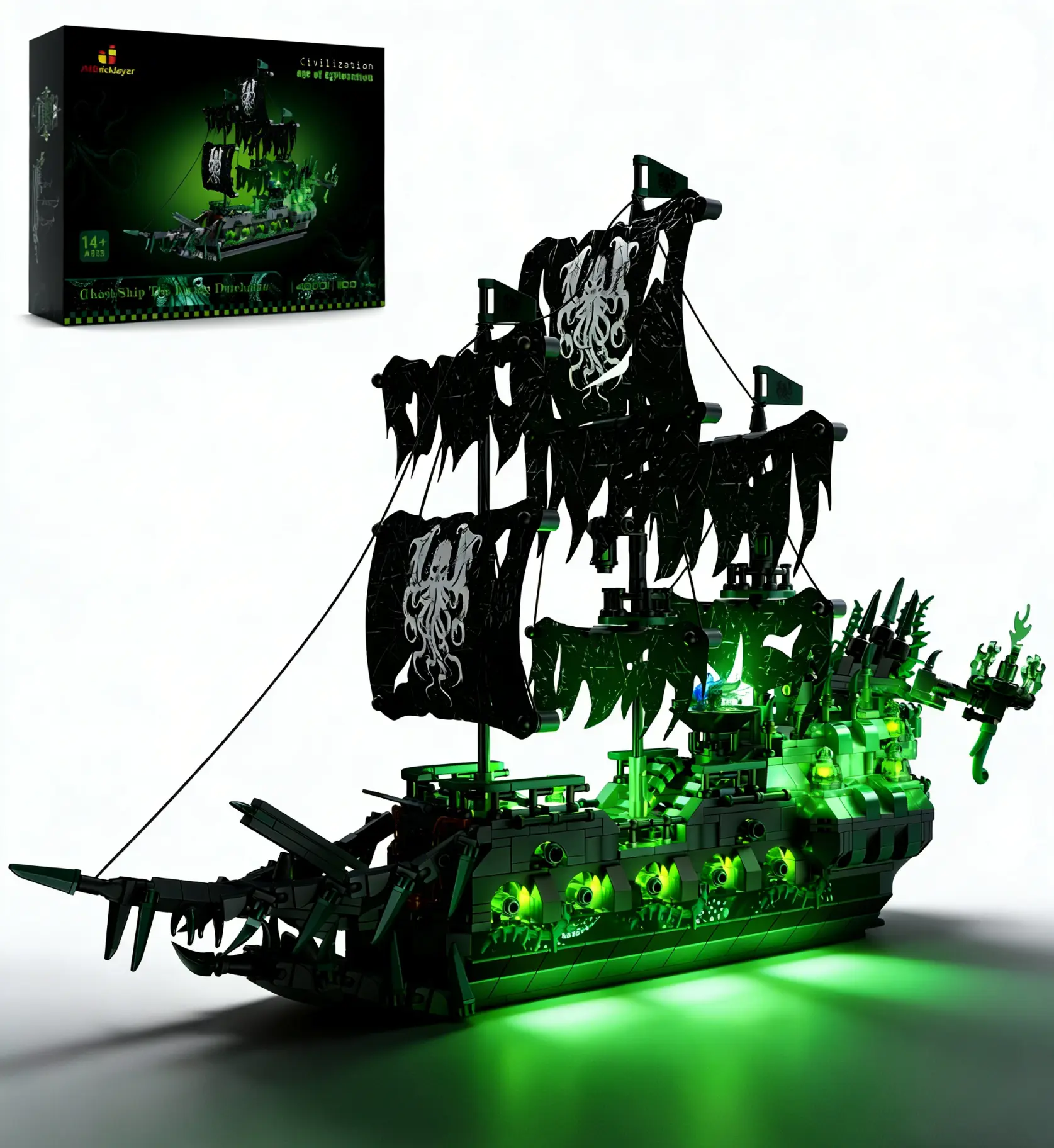 JMBricklayer The Flying Dutchman Buildable Blocks Kit - Ghostly Green LED Light-up Pirate Ship, 12+ Ages, Safe Plastic Miniature Watercraft, Model Building Kits, Collectible Construction Set, DIY Collectible Model, Building Block Sets for Open Ended Play