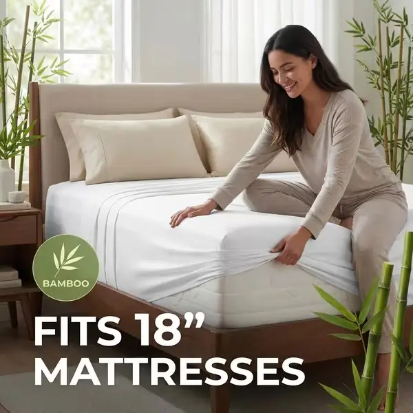 6pcs Bamboo Bed Sheet Sets Queen Size - Cooling Sheets for Night Sweats - Ultra Soft Viscose Bedding - 4 Pillowcases & Fitted Sheet Included (Fits 18") - Machine Washable