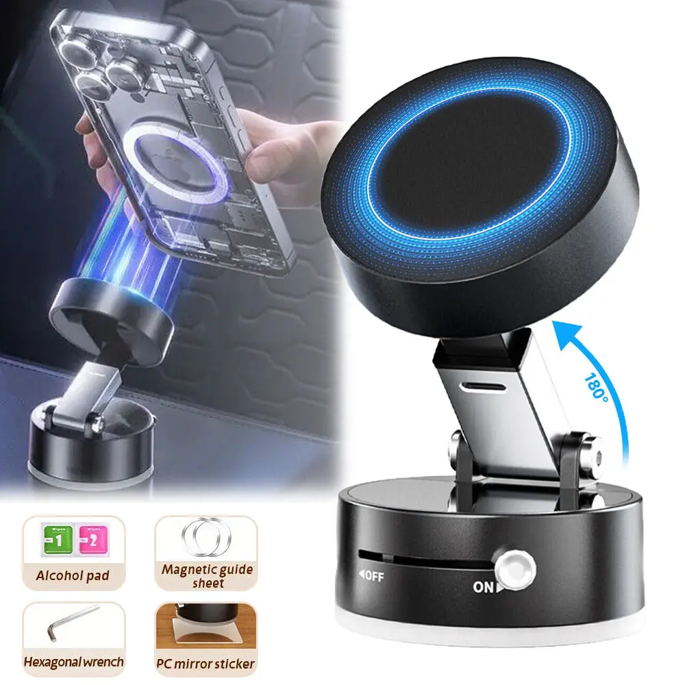 Car Cell Phone Mount - N52 Double-Row Strong Magnet Vacuum Magnetic Mount, 1-Touch Control ABS+PC Phone Suction Pad, No-Trace Adhesion Secure Smartphone Holder, Portable Mini Universal Stand for Car & Office w/Magnetic Sheet & Mirror Sticker tiktokshopbac