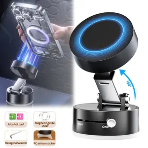 Car Magnetic Phone Mount, N52 Double-Row Strong Magnets Hands-Free Holder with 1-Touch Control, Portable Mini ABS+PC Suction Stand, No-Trace Adhesion for Car, Home, Includes Magnetic Sheet & Mirror Sticker