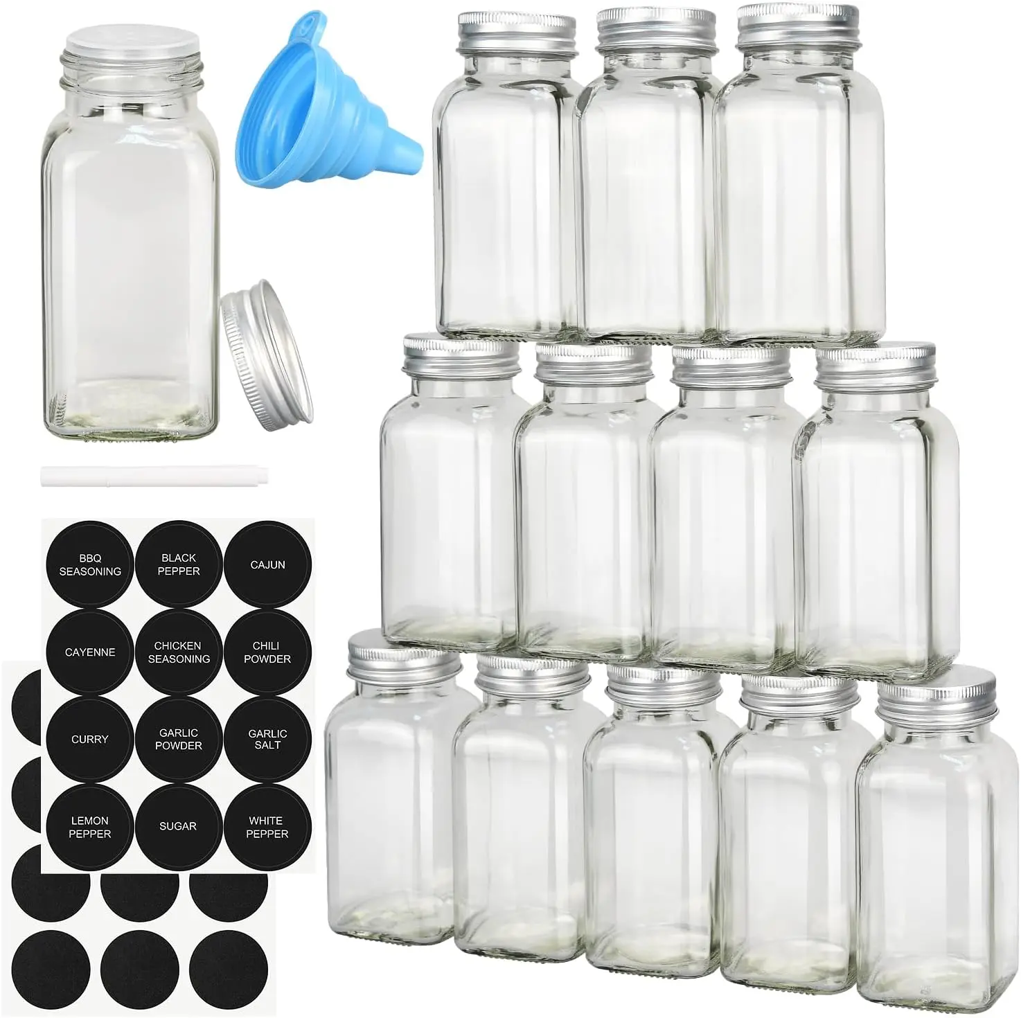12pcs Glass Spice Jars, 4oz Empty Spice Jars with Metal Caps, Labels, Shaker Lids, Collapsible Funnel, Chalk Pen, Seasoning Organizer for Spice Rack