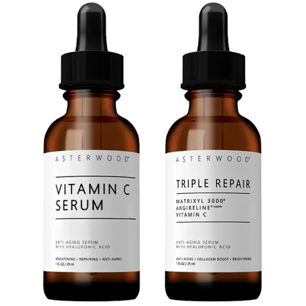 Asterwood Go & Glow Bundle - Vitamin C Serum & Triple Repair Serum Set with Hyaluronic Acid for Brightening, Anti-Aging, Collagen Boosting & Hydrating Skincare Routine