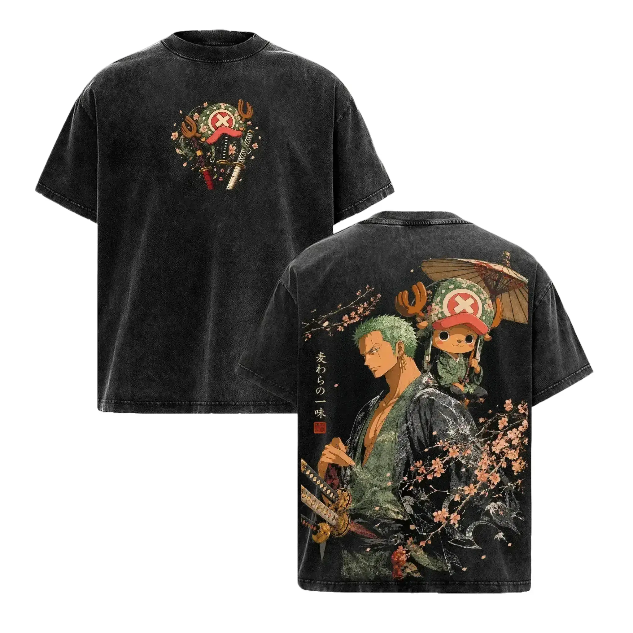 Zoro & Chopper Vintage Acid Wash Graphic Tee Heavyweight Cotton Oversized Anime Shirt For Men Women Y2K Japanese Streetwear Wano Country Straw Hat Pirates Double Sided Manga Otaku Gamer Gifts Trendy Gym Pump Cover Tops Apparel Casual Fit Street Styles