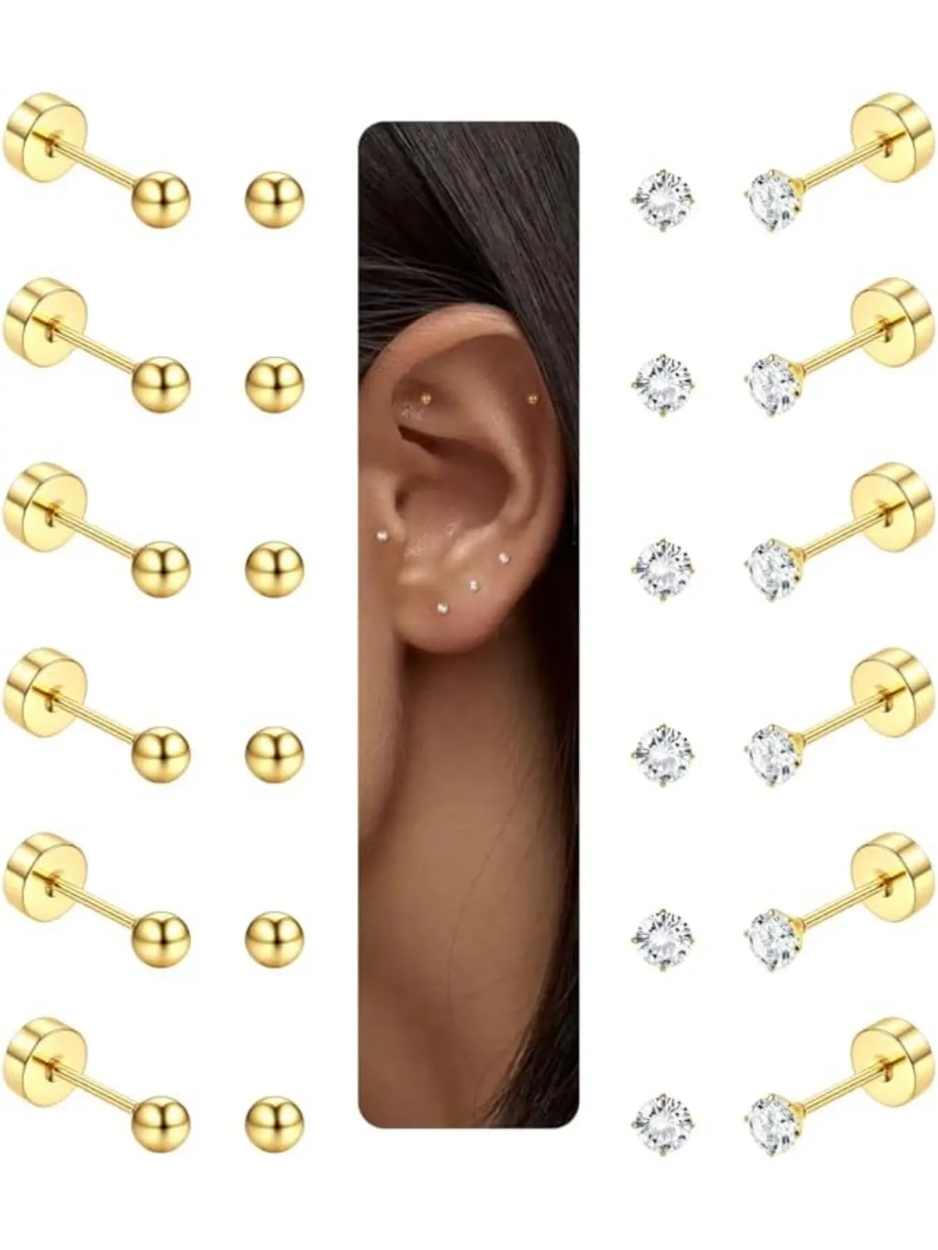 12 Pair 2mm Earrings Jewelry for Ladies Men Girls 14K Gold Plated 316L Surgical Steel Cartilage Piercing Stud Earrings Tiny Earrings 20G Clear CZ Round Ball Running Spindle Flatback Earring Set Studs Earrings