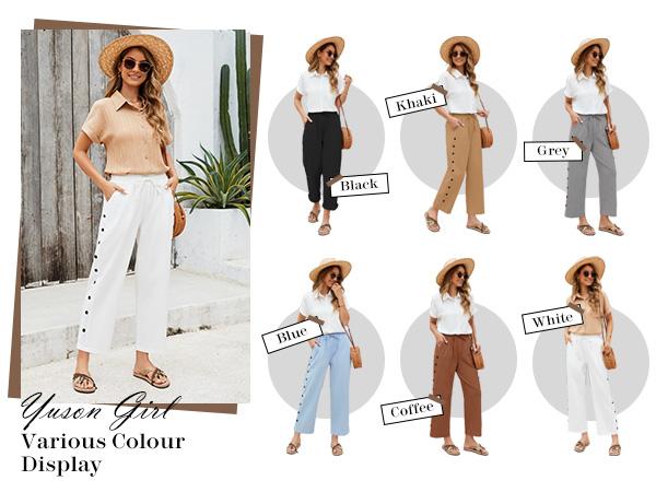 Women's Summer Trousers, Women's Summer 7/8 Cropped Wide Leg Trousers Elastic Waist Cotton Casual Trousers Lightweight Boho Trousers Beach Trousers with Pockets and Decorative Buttons