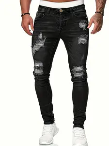 Fashion Trend Men's Ripped Jeans, Black and Grey Casual Versatile Straight Slim Pants