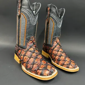 Men CowBoy Leather Boots Cognac