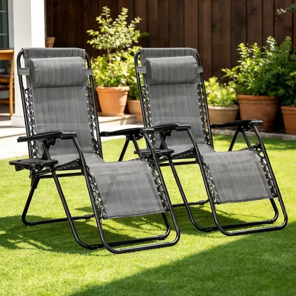 2-Pack Zero Gravity Outdoor Chairs, 350lb Capacity, Plastic-Nylon Construction, Adjustable Back & Pillow, Cup Holder, 91x66x16.5cm, Folding Reclining Seating for Garden, Poolside, 91 X 66 X 16.5 Cm
