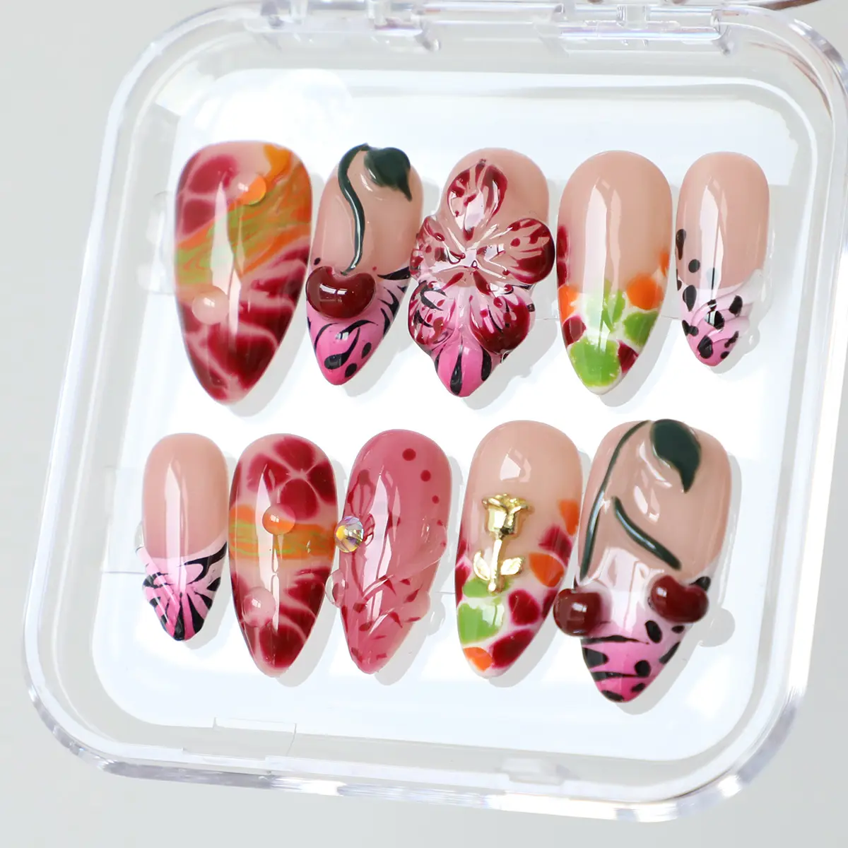 MuseMoodNails Cherry Bomb Handmade Acrylic Press On Nails Set - Reusable 3D Chic Almond Shape, Long-Lasting Salon-Quality Nail Art Kit for Elegant Daily Wear, Press On Sets, Handmade Nail Art