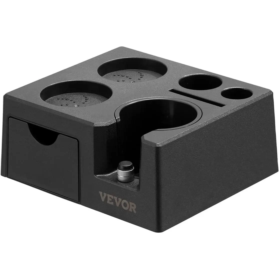 VEVOR Coffee Tamper Tamping Station, ABS Plastic 7-in-1 Multifunctional Hand Tool with Detachable Slot, Anti-Skid Base, Adjustable Handle Height, Compact Storage Base, Easy-Clean Knock Box for 51-58 mm Handles, Wood Accent, for Home & Commercial Settings,