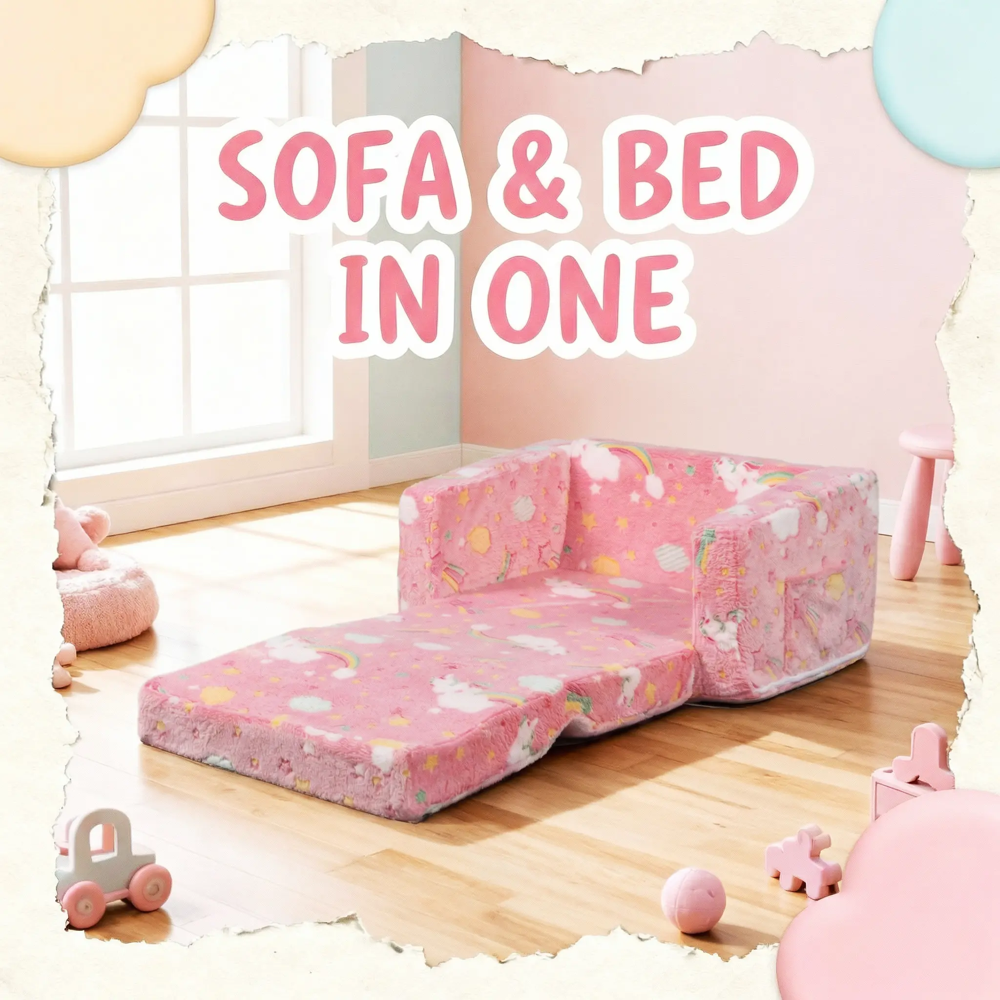 Kids' Single Cartoon Flannel 2-in-1 Foldable Sofa Bed - Pink Unicorn Rainbow, Soft Plush Washable Cover, Convertible Toddler Couch with Sturdy Safe Edges, Vacuum-Packed Lounge Chair for Girls' Bedroom