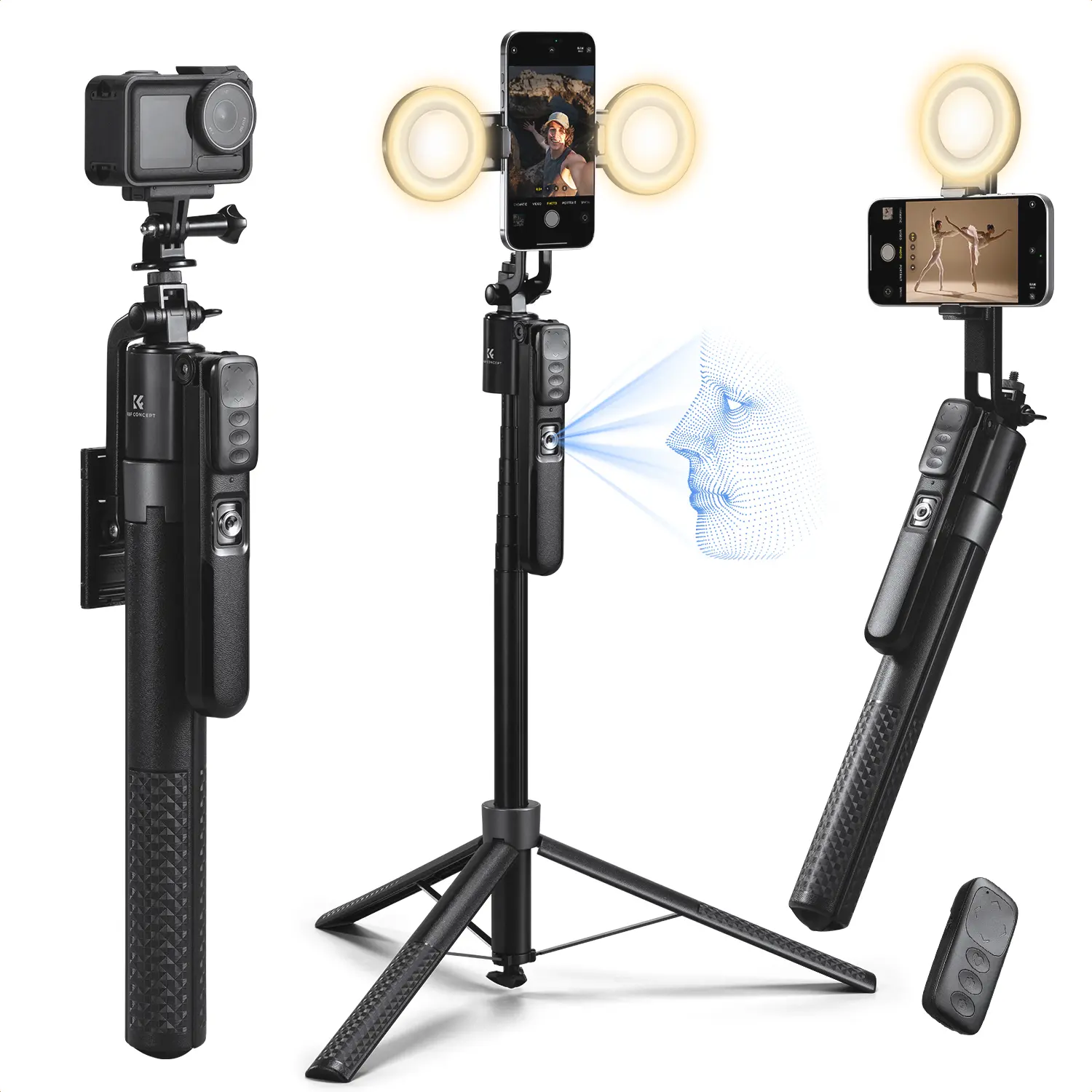 【DealsForYouDays】K&F CONCEPT Up to 71" Face Tracking Tripod Selfie Stick| 360° Rotation + Bluetooth Remote + Stand| 2 Fill Lights (Optional)| Black/White Textured (White Same as Black), for Travel/Live Streaming/Vloggers