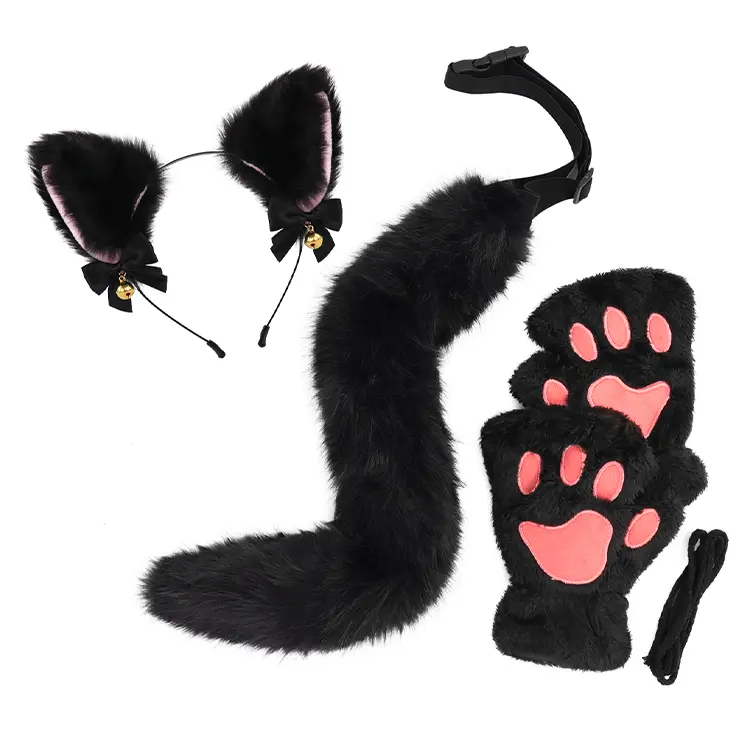 3PCS Smooth Cat Ear Cosplay Accessory Set - Plush Headband, Adjustable-Strap Tail, Paw Gloves, Perfect Fit for Overall Aesthetics, Cute Animal Costume for Parties, Halloween, Comfortable