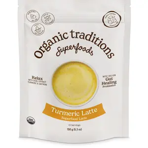Organic Traditions Turmeric Latte – Creamy Coconut Milk Base – Saffron & Turmeric Blend – Easy to Mix – Sweetened with Coconut Palm Sugar – 1 Billion Probiotics per Serving - 150g/5.3oz Bag