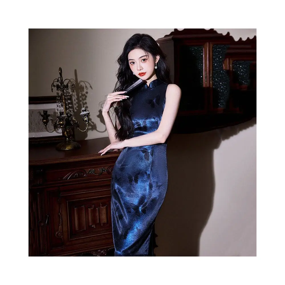 Midnight Blue Butterfly Sleeveless Midi Qipao Dress | Neo-Chinese Cheongsam, Modern Evening Wear, Elegant Daily Wear