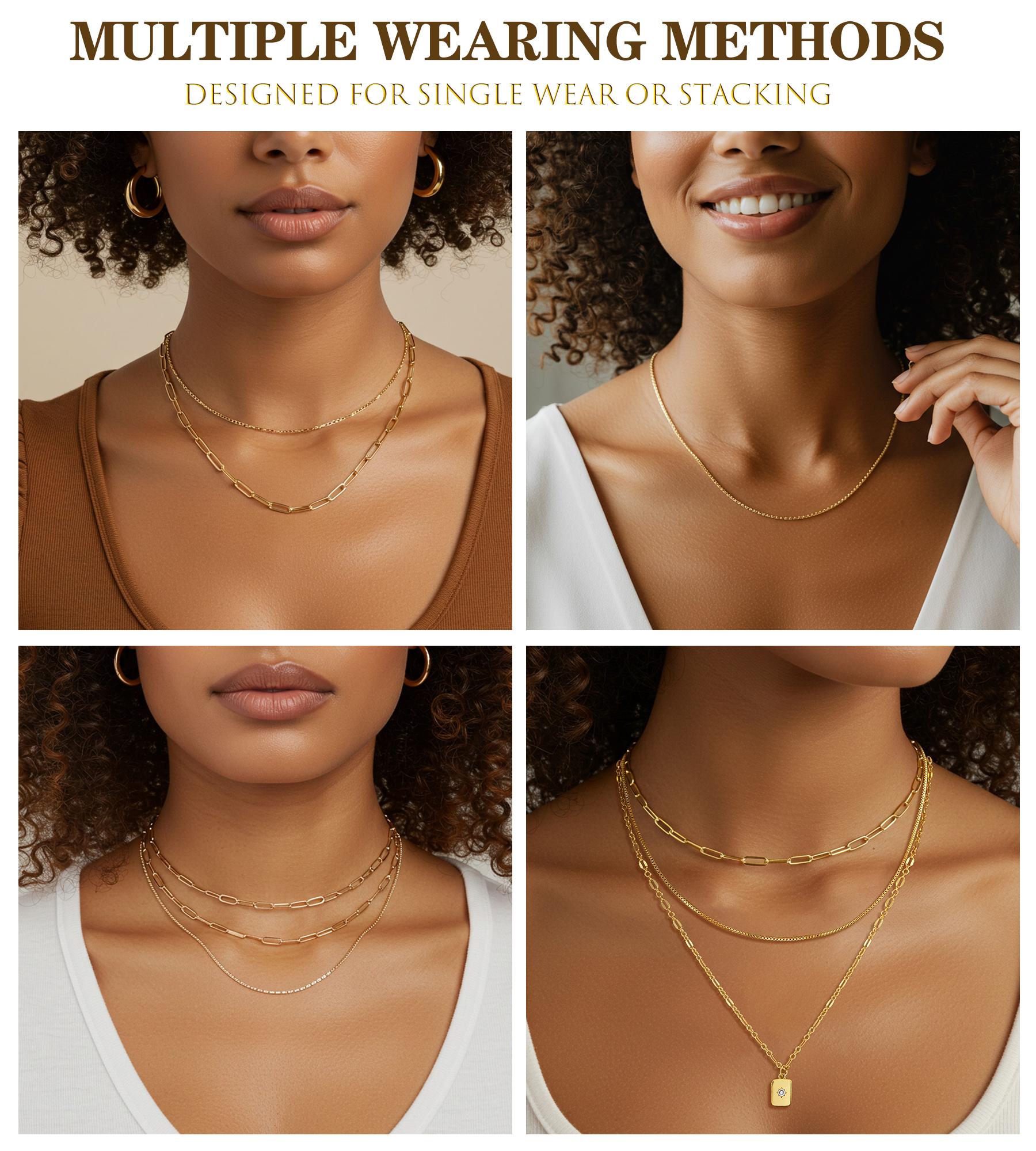 17KM 3Pcs 14K Gold Plated Layered Necklaces for Women ， Trendy Stackable Choker Paperclip Box Chain Jewelry Set
