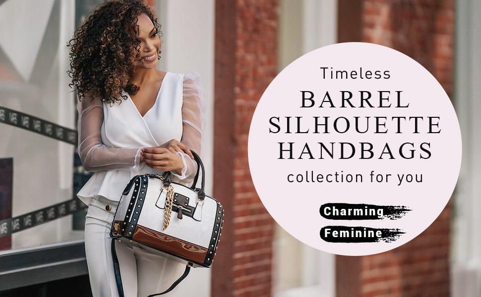 Barrel bags for Women Shiny Patent Faux Leather Handbags simply tote Top Handle purse Rivet Decoration Satchel bags Shoulder bag