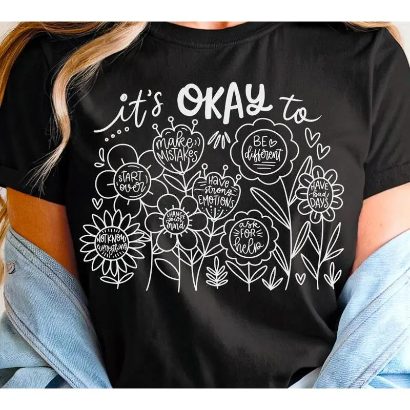 Women's Casual "It's Okay" Graphic Tshirt, Inspirational Round Neck Shirt in 100% Cotton with Lightweight Seamless Design, Solid, Soft, Top, Smooth, Fabric, T-Shirt, Casual Wear, All Seasons, Short Sleeves, Clothes, Custom Made, Foldable, Machine Washable