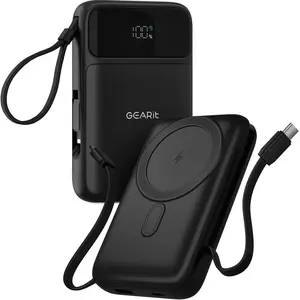 GEARit 5-in-1 10000mAh Power Bank Wireless MagSafe Charging with Built-in Cables & LED Display for Apple iPhone Samsung Galaxy Devices Portable Charger Usb Smartphone