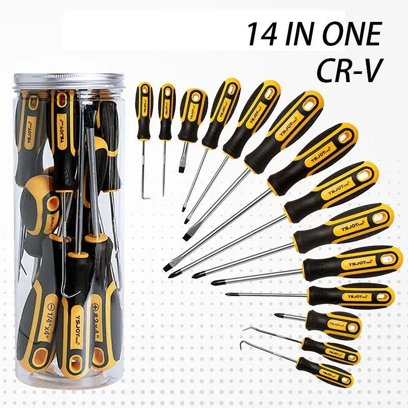 14pcs Magnetic Screwdriver Set, 5 Phillips Head and 5 Flat Head with 4 Pick Hooks -  Canned Barrel Easy Storage Screwdriver Set Philiphs Cross Slotted Hand Tool (14 Pieces) Magnetic Multipurpose Screwdriver Switchable Screwdriver Shape