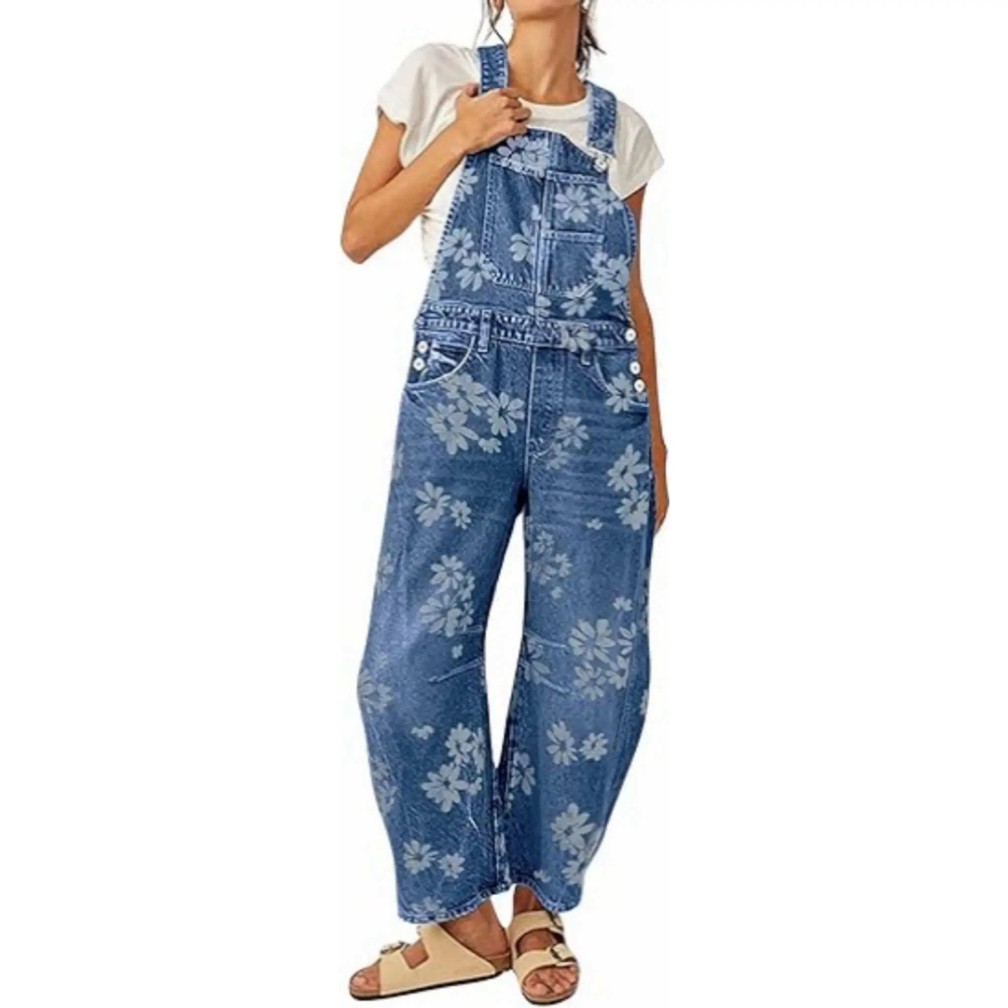 UTCOCO Women Floral Print Denim Overalls Baggy Barrel Jeans Patchwork Denim Pants Y2k Straps Wide Leg Jumpsuit One Piece