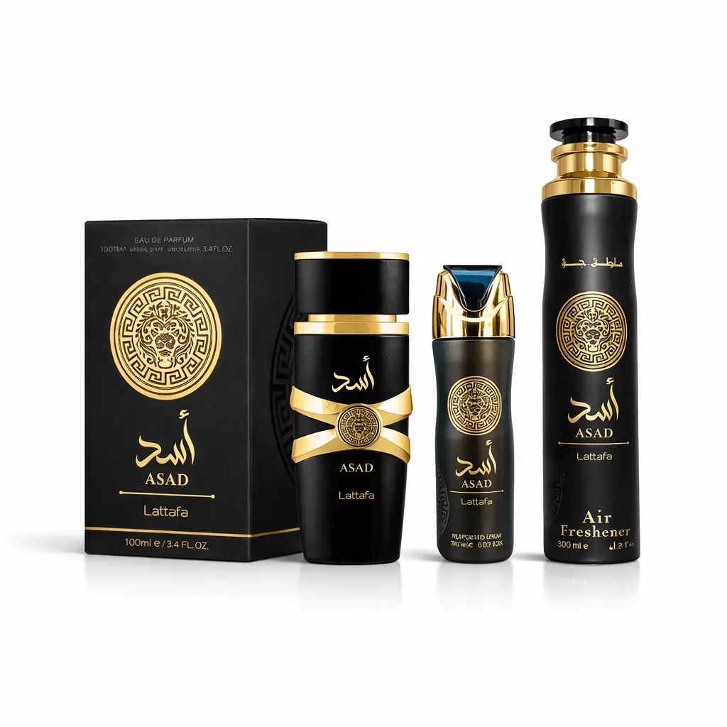 Lattafa Asad 3-Piece Unisex Fragrance Gift Set - Includes 3.4 fl oz EDP, 200ml Deodorant & 300ml Air Freshener - Warm Spicy Amber & Vanilla Scent - Father's Day Gift Ideas, Room Deodorizer, Self Care Products, Adults, 3-Pieces, Ready To Gift