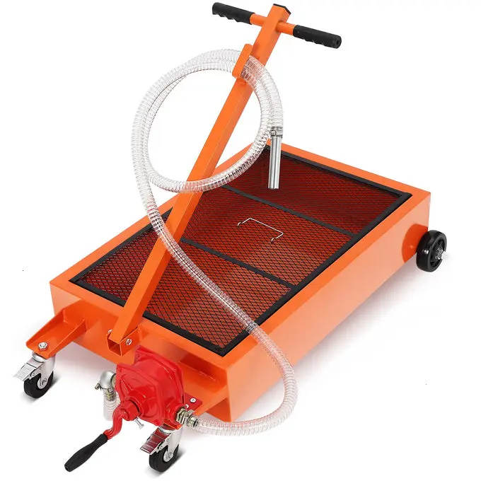 [HOT - FLASH SALE] Garvee Oil Drain Pan, 15 Gallon Low Profile Oil Drain Pan with Hand Pump,57L Oil Change Pan with 8ft Hose & Folding Handle, Rolling Oil Drain Cart for Car, SUV, Trucks Oil Draining - Orange/Silver