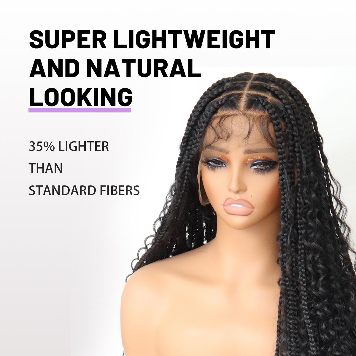 Boho Braided Wig 36Inch Full Lace Premium Synthetic Knotless Box Braid Wig with Baby Hair Bohemian Curly Ends
