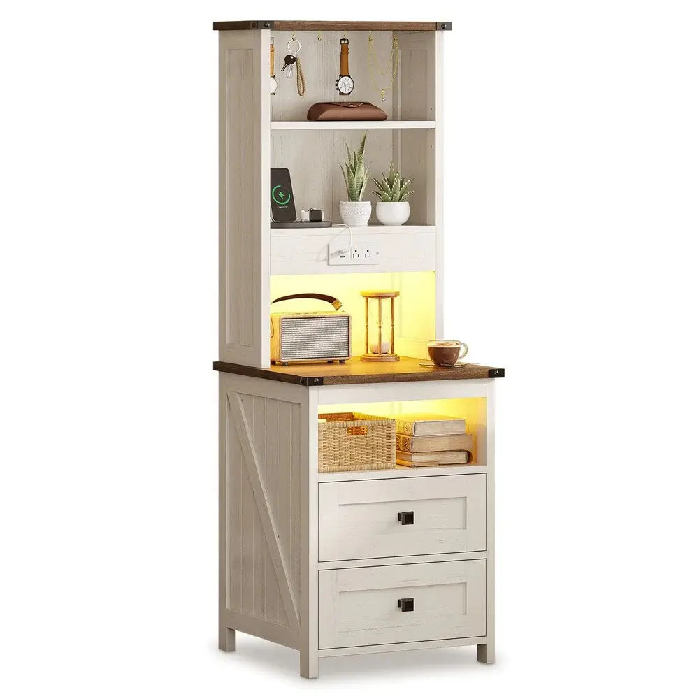Sikaic Tall Nightstand with Charging Station, Farmhouse Bedside Table with LED Lights, 2 Drawers, 6 Hooks & Storage Shelves, Tall End Table with Bookshelf for Bedroom, Home Furniture, Dorm Essentials [tiktokshopbacktoschool]