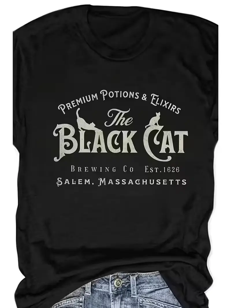 Men's Soft Comfortable Fitted Cotton Printed Gothic Retro T-Shirt - Vintage Black Cat Salem Witch Potion Graphic, Halloween Party Tops