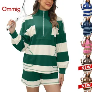 Ommig Women's Lounge Set 2 Piece Striped Long Sleeve Half Zip T-Shirt & Shorts for Summer Autumn Casual Workout Tracksuit in Breathable 100% Cotton