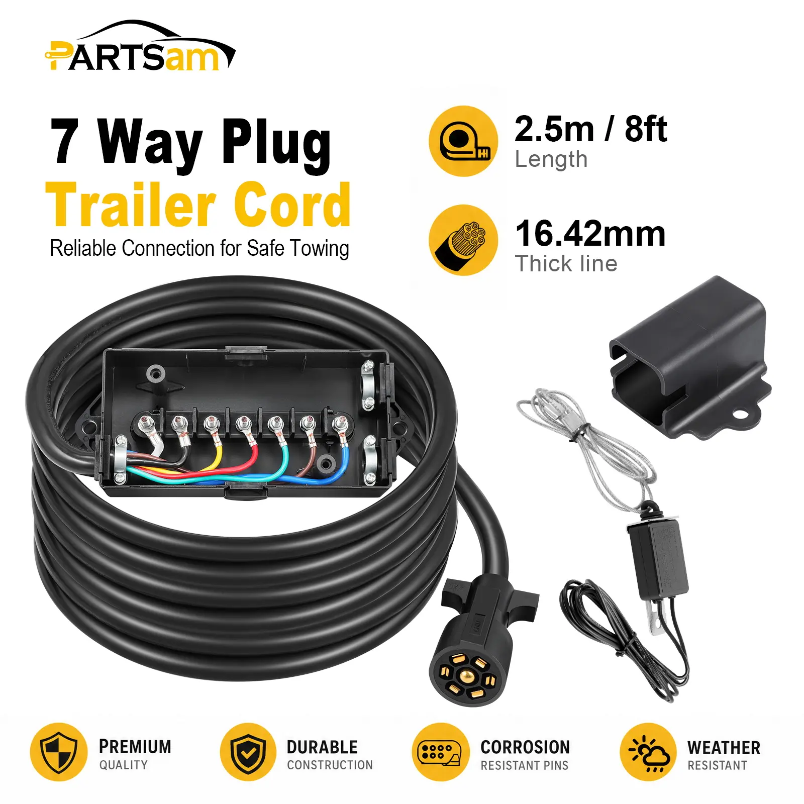 Partsam 7-Way Trailer Wiring Harness Kit, 8ft Trailer Cord with 12V Breakaway Switch & Plug Holder, 7-Gang Waterproof Junction Box for Vehicle Accessories