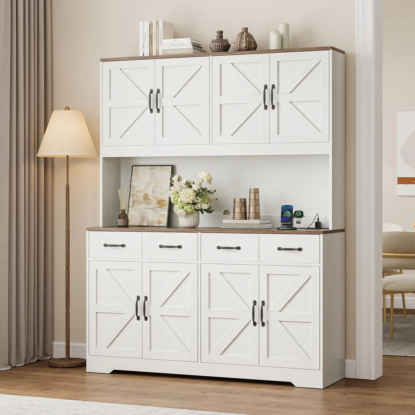FUSOU Modern Farmhouse Pantry Cabinet - 71" Tall 55" Wide Freestanding Kitchen Hutch Cabinet with USB Charging Station, Adjustable Shelves, 4 Drawers, 6 Barn Doors, Open Countertop, White Interior Storage Furniture (2-Package Shipping), Wood